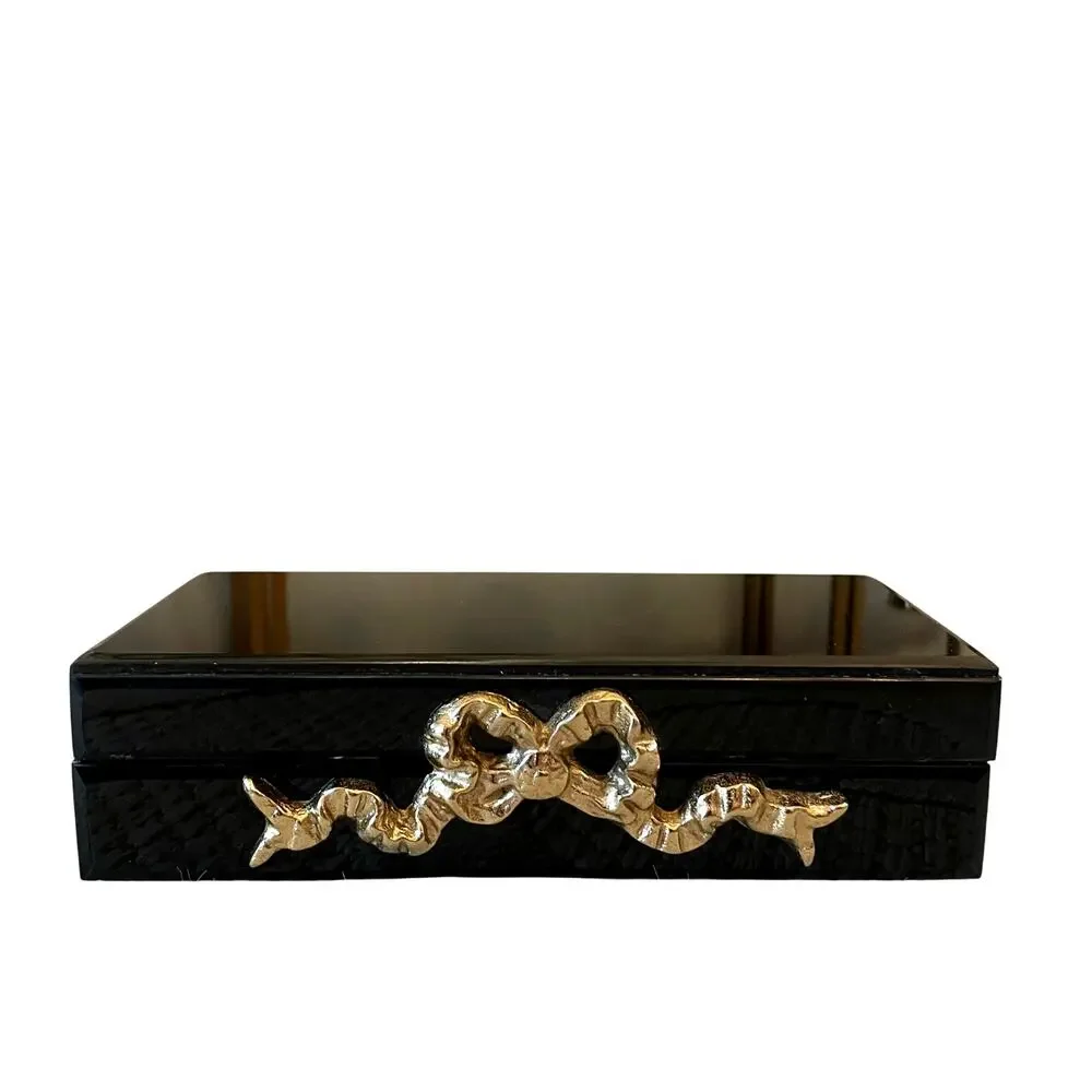 Black Lacquered Box with Gold Bow Motif 8.5 x 4.5 Made in India NEW